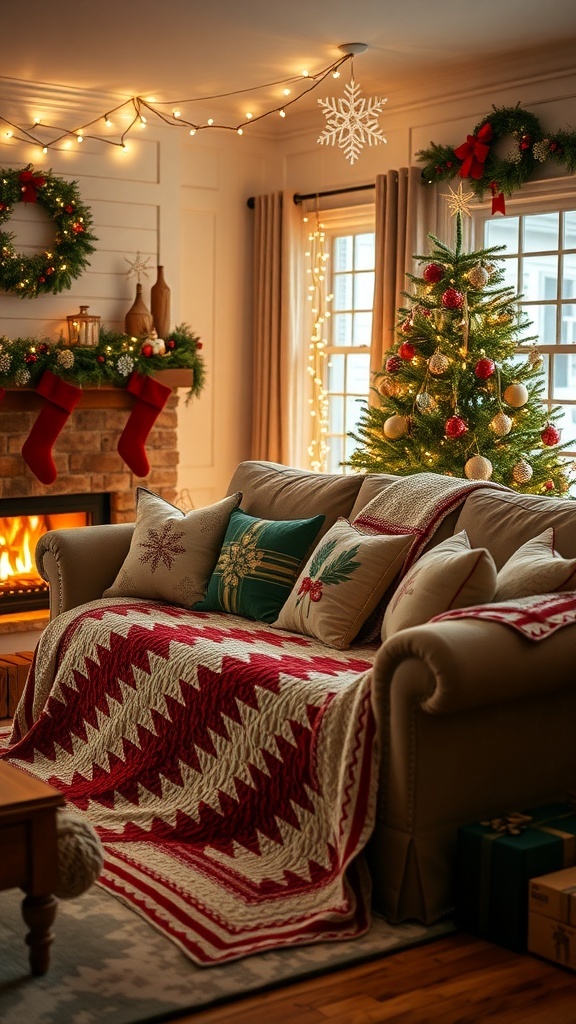 A cozy Christmas living room with a quilt on the sofa, decorated tree, and festive ornaments.